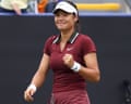 Britain's Emma Raducanu celebrates after her win over Ann Li