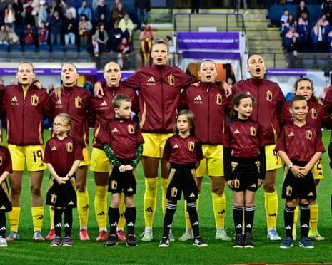 The Belgium players line up before kick-off against England in the Nations League in April.