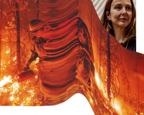 Composite showing distorted image of a firefighter and Genevieve Guenther